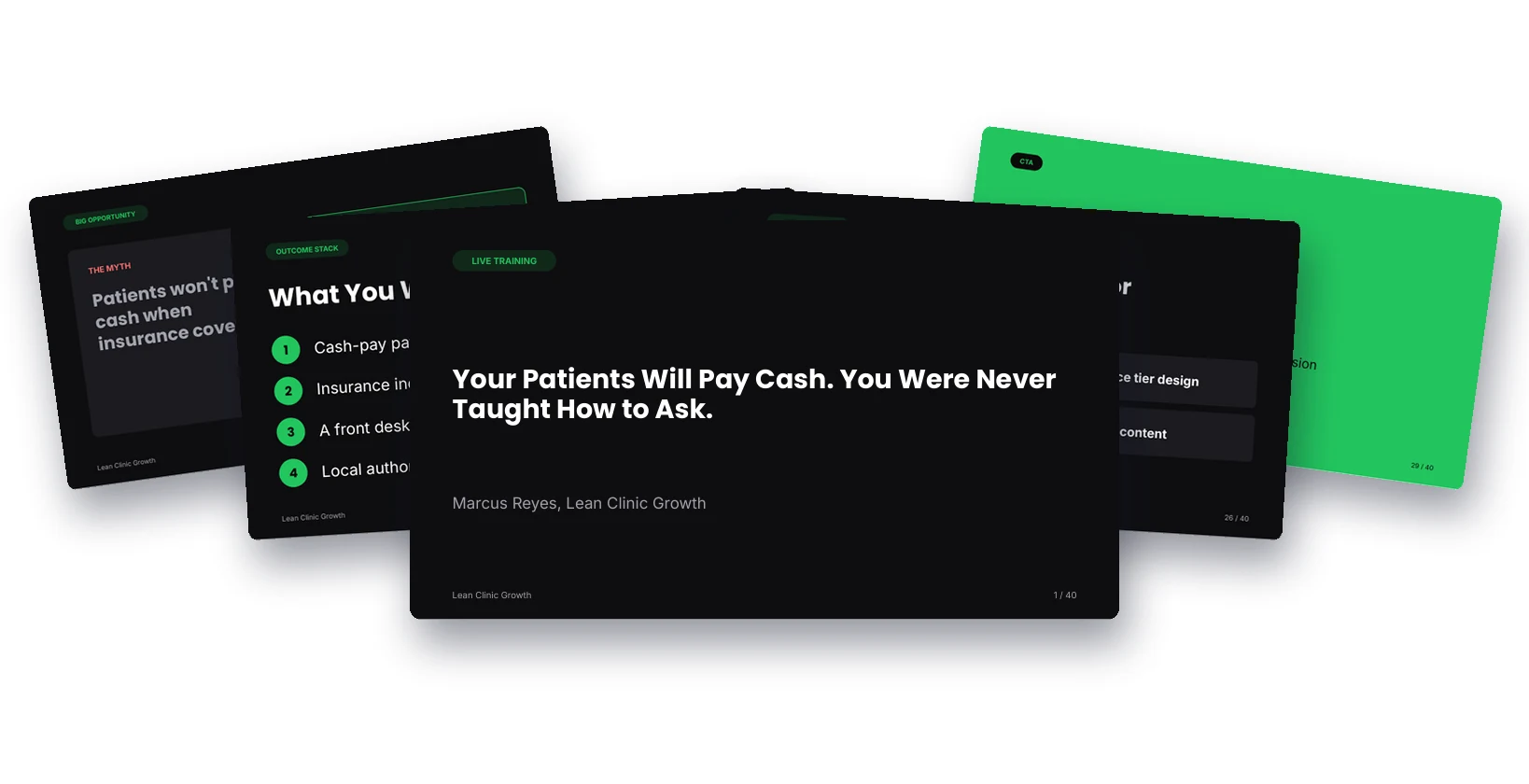 A sample webinar deck built by Jeremy AI: title slide, myth versus truth, outcome stack, offer pairing and call to action slides